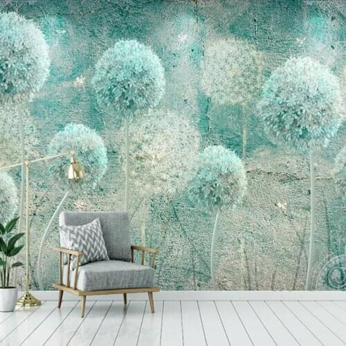Custom Self-Adhesive Waterproof Canvas Mural Wallpaper 3D Stereo Green Abstract Dandelion Retro Home Decor Bedroom Wall Stickers