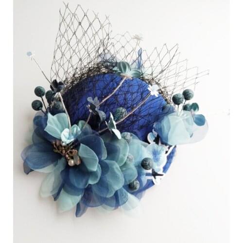 Hat Bridal Net Hats Royal Blue and Beige Birdcage Net Wedding Hats Bridal Fascinator Face Veils Pearls Bride Hats