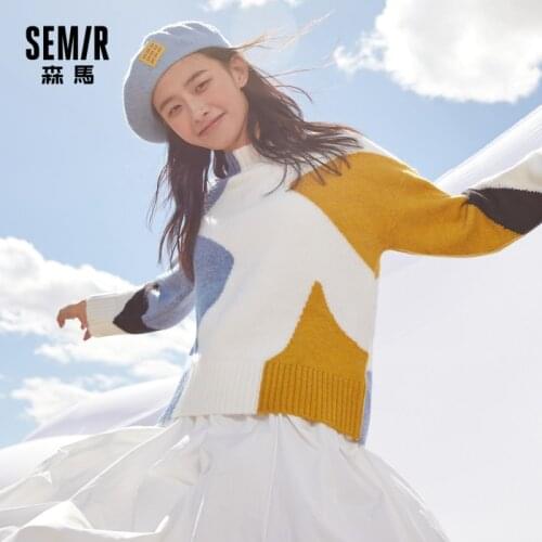 SEMIR Loose Long Sleeve Wool Sweater Women 2021 Spring New Hit Color Stitching O Neck Sweater Warm Sweater Slim Knitted Tops