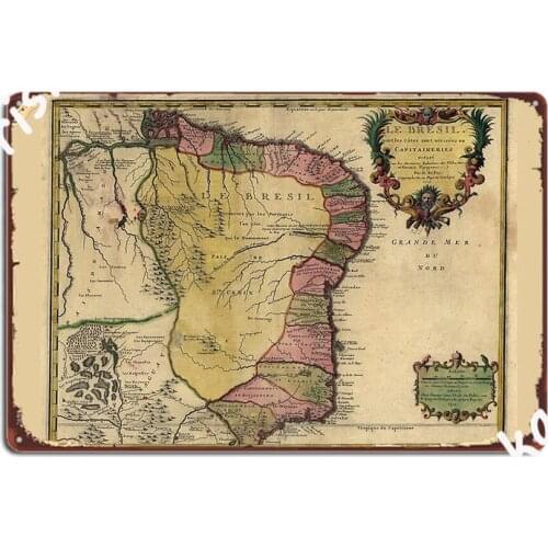 Vintage Map Of Brazil 1719 Metal Sign Cinema Kitchen Pub Garage Wall Plaque Custom Tin Sign Poster