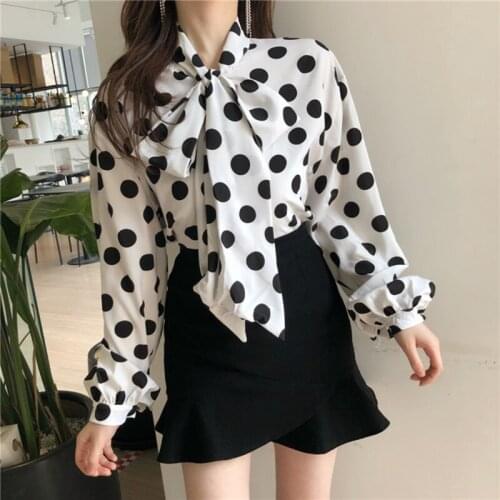 2018 Autumn Women Polka Dot Blouses Sweety Girl Chiffon Shirt Spring Elegant Long Sleeve Bow Tie Blusas Ladies Basic Tops WZ633