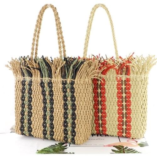 Female Bag Portable Square Striped Straw Bag Fashion Large Capacity Woven Bag Shoulder Beach Bag