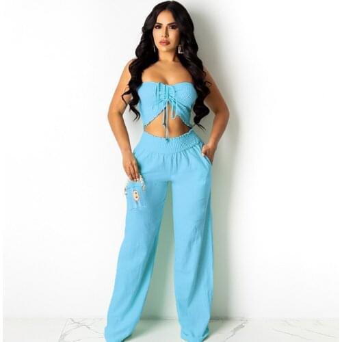 Women Solid Color Two Piece Set Sleeveless Hollow Loose Top And High Waist Pants Sets Trousers Casual Ladies Outfits Summer