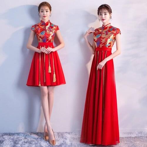 Satin Dress Cheongsam Red Bride Marry Vintage Gown Qi Pao Women Chinese Tang suit Dresses Qipao Robe Orientale