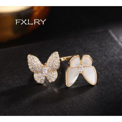 FXLRY new fashion jewelry copper inlaid zircon light luxury opening delicate flexible two butterfly shells elegant female ring