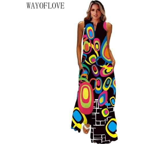 WAYOFLOVE Circle Printed Black Dress Summer Holiday Beach Elegant Vintage Dresses Woman Party Casual Sleeveless Long Dress Women