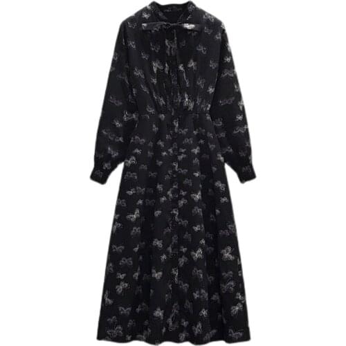 Womens Retro Print Dress 2021 Female Spring New Black Dress Slim Mid-Length Long-Sleeved Floral Pullover Dresses Oversize L-5XL