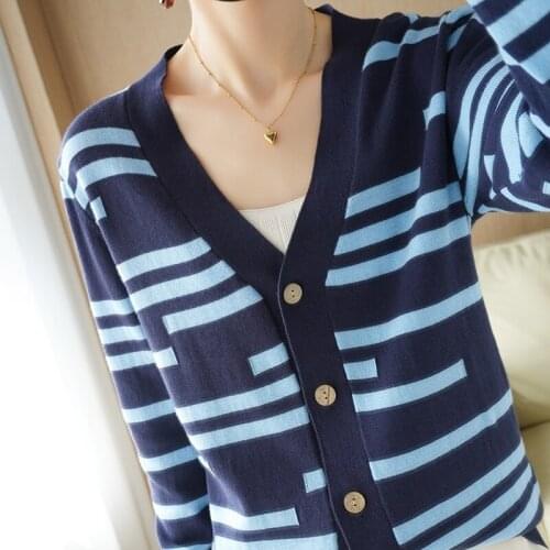 100% cotton V-neck color-blocking knitted cardigan jacket women spring and summer new style loose short long-sleeved striped top