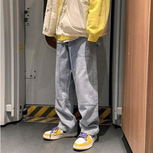 2021 Straight Harem Jeans Summer pink/Blue Korean Man Loose Denim Trousers Streetwear Male Casual Pants Mens Solid Color S-3XL