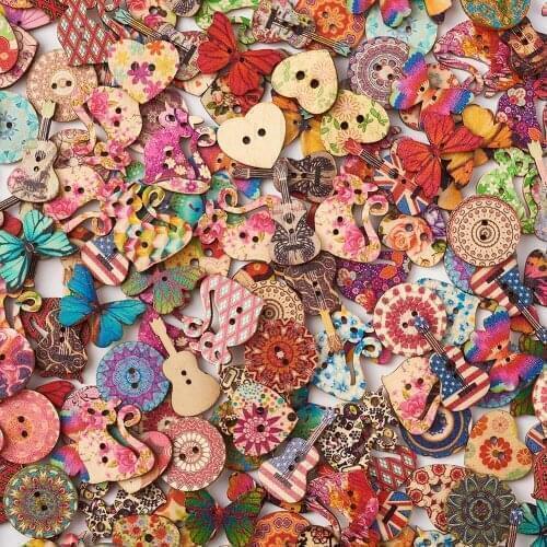 300pcs 2-Hole Mixed Color Printed Wooden Buttons Cute Cat Butterfly Guitar Flat Round Heart Buttons Sewing Clothing Decoration