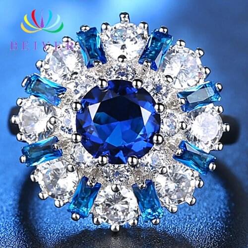 Beiver 2019 New Fashion Blue & Clear Zircon Round Rings for Women White Gold Color Wedding Bands Jewelry Ladies Gifts