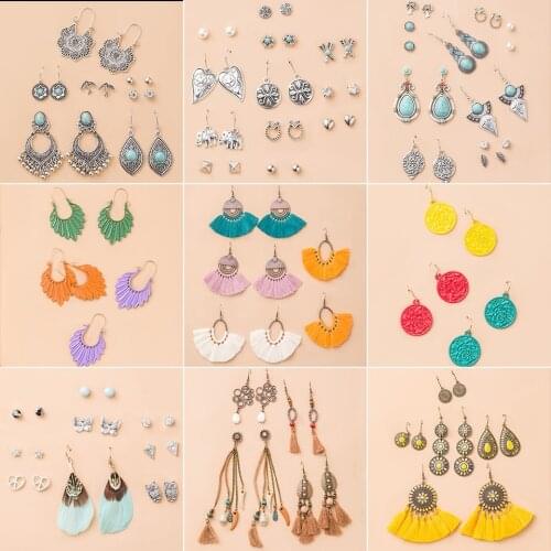 Bohemian New Womens Earrings Set Tassel Feather Natural Stone Butterfly Water Drop Earrings For Women Jewelry Sets Female Gifts