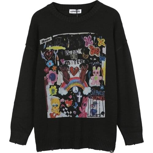 Men Hip Hop Knitted Jumper Sweaters Painting Letter Heart Rainbow Angel Print Streetwear Harajuku Autumn Hipster Casual Pullover