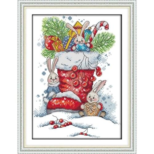 The Rabbit In The Christmas Boots Cross Stitch Set DMC Canvas Print Cross Stitch Kit DIY Christmas Gift Home Wedding Decoration
