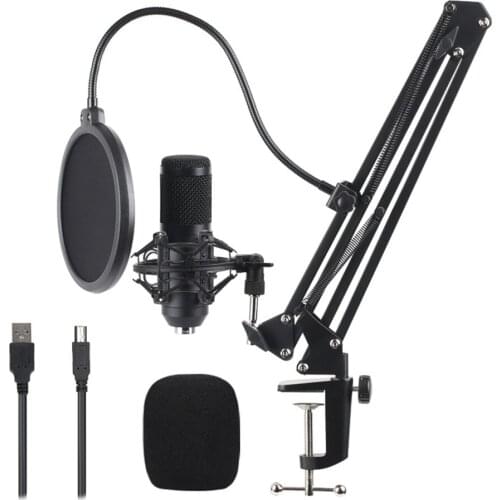 Studio Recording Condenser Microphone Kit with Shock Mount + Adjustable Suspension Scissor Arm Stand + Pop Filter + USB Cable