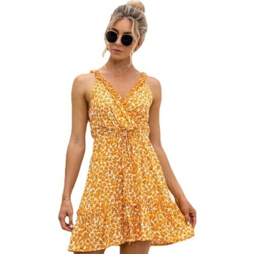 2021 Summer New Product Sexy V-neck Sling Ruffled Floral Dress Fresh and Sweet Dress Beach Holiday Mini Dress Vestido De Mujer