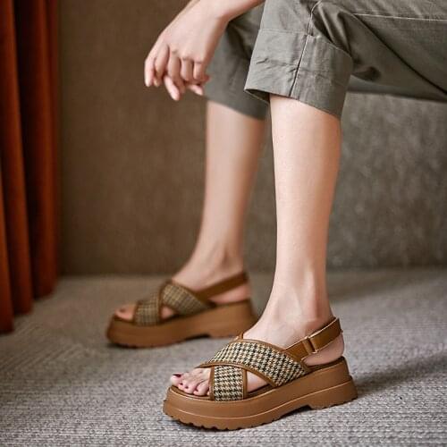 New Plaid Cloth Womens Shoes Casual Hook & Loop Peep Toe Shoes for Women Sandals Handmade Summer Flat Shoes Platform Sandals