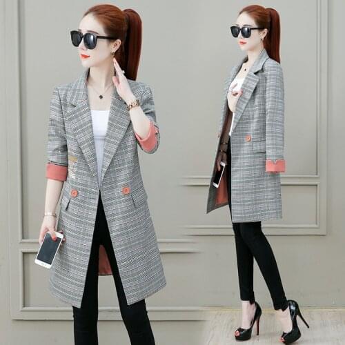 Office Lady embroidery Work Wear Blazer Plus Size Casual Female Outerwear Wear Work Coat Women Long Plaid Blazers Jackets Suit