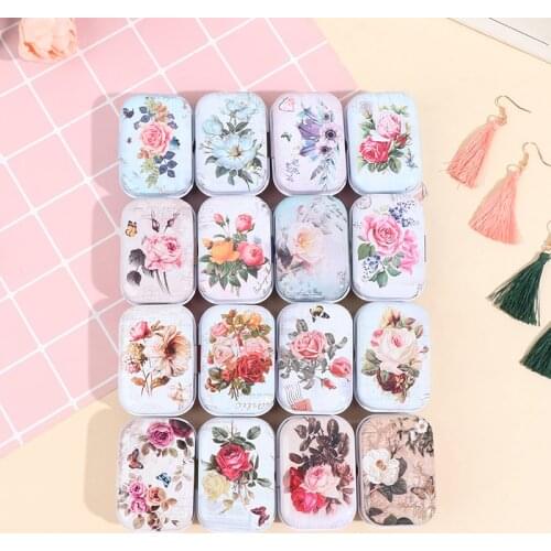 Mini Flower Tin Trinket Jewelry Coin Box Tinplate Storage Case Rectangul Sugar