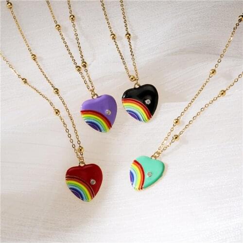HECHENG,Rainbow Necklace ,Love Heart Necklace,Colorful Lucky Jewelry,For Women And Girls ,Stainless Steel