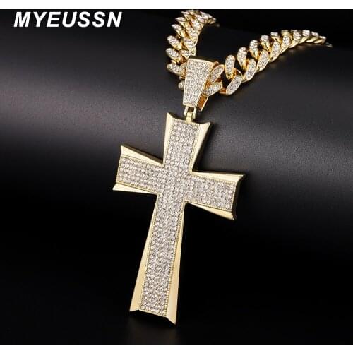 Hip Hop Iced Out Cuban Link Chain Men Egyptian Cross Pendant Necklaces Gold Color Cross Necklaces Pendant Women Jewellery Gift