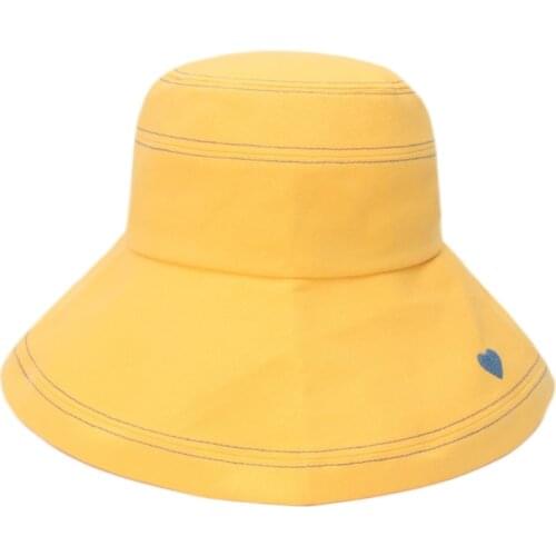 Women Summer Wide Brim Large Bucket Sun Hat Heart Embroidery Solid Color Foldable Panama Fisherman Cap with Chin Strap