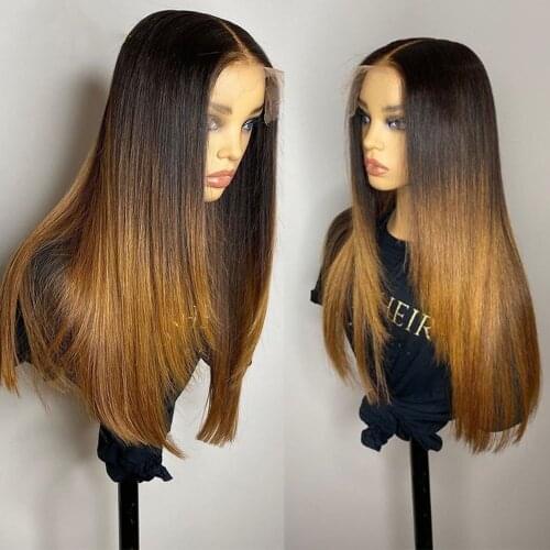 Omber Brown Human Hair Lace Frontal Wig Middle Part Glueless Long Straight Natural Black Human Hair Lace Part Wig For Women