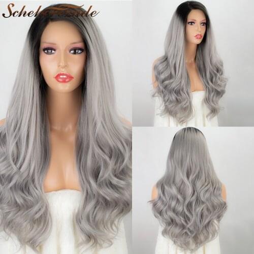 Scheherezade Ombre Lace Front Wig Synthetic Hair Long Gray Synthetic Lace Front Wigs Heat Resistant Body Wave Lace Front Wigs