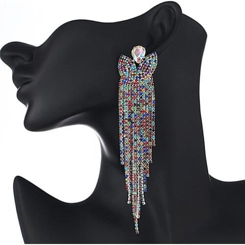 FARLENA Statement Rhinestones Tassel Dangle Earrings for Women Wedding Party Accessory long Crystal Drop Earrings