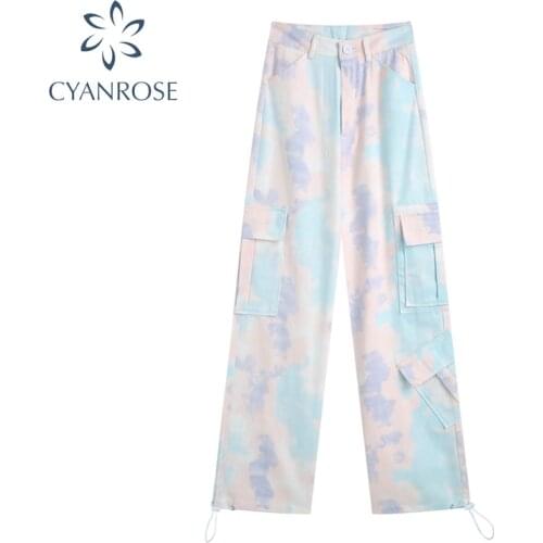 Harajuku Tie-dye Pants Women 2021 Summer Korean Style Streetwear Loose Casual Fashion Safari Style Wide Leg Long Pants Female