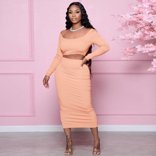 Elegant Solid Slim Dress Set 2 Piece Outfits Sexy Backless O Neck Long Sleeve Crop Top Slit Long Skirts Two Piece Set Streetwear