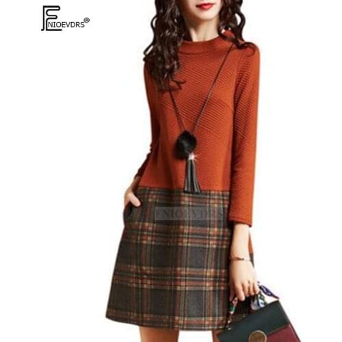 Autumn Winter Basic Dresses Women Fashion Long Sleeve Elegant Lady Faux Two Piece Patchwork Plaid Mini Dress 9505