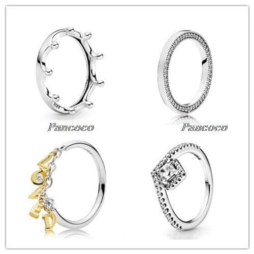 Authentic 925 Sterling Silver Ring Square Sparkle Wishbone Ring With Crystal For Women Wedding Party Gift Pandora Jewelry
