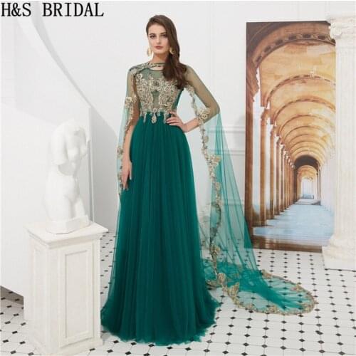 H&S Bridal Evening Dress Turquoise Long Evening Dresses with Bolero Gold Appliques abiye Arabic Prom dress