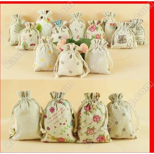 200pcs/lot) wholeslae linen jute cotton flower printed fabric bag gift for accessories