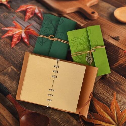 75 Sheets/Book A7 Strap Pendant Retro Leaf Travel Kraft Paper Loose-Leaf Leather Cover 2021 School Stationery Notebook