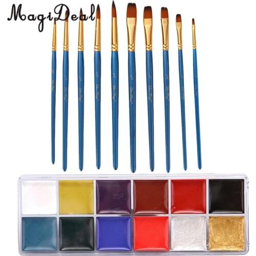 12 Color Safe Non-Toxic Oil Based Face Body Art Paint Palette Cosmetics with 10pcs Painting Brush for Party Fancy Dress Makeup