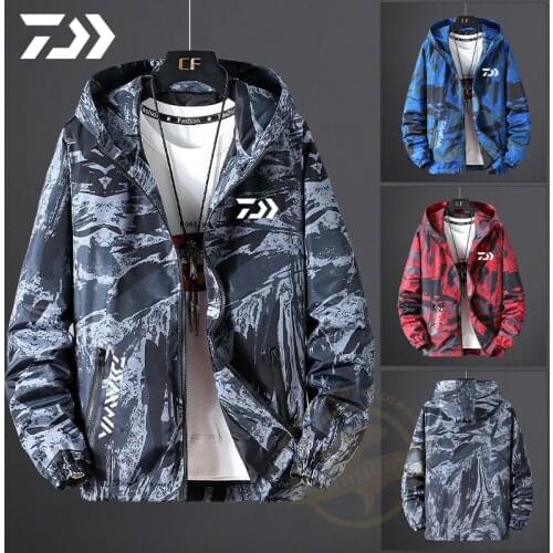 Daiwa Quick Dry Waterproof Breathable Hooded Fishing Clothing Thin Camouflage Fishing Jacket Sunscreen Fishing Clothes