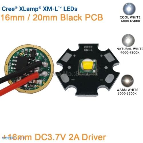 Cree XML XM-L T6 Cool White Neutral White Warm White 10W High Power LED Emitter 16mm or 20mm Black PCB+ DC3.7V 2A 5 Mode Driver