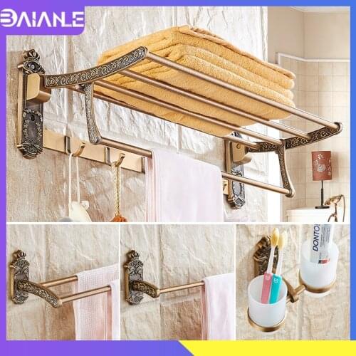 Towel Holder with Hooks Aluminum Antique Towel Rack Hanging Holder Towel Bar Wall Mounted Robe Hook Bathroom Accessories Bronze