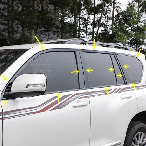 For Toyota Prado/FJ150 2010-2020 Car Stick Stainless Steel black Glass Window Garnish Pillar Middle Column Strip Trim Hoods