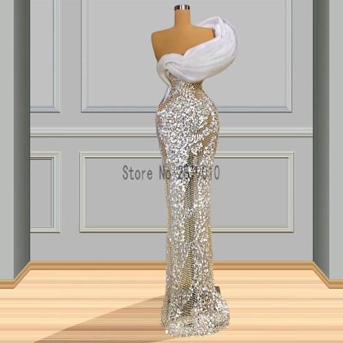 Illusion Ivory One Shoudler Evening Dresses Luxury Heavy Beading Mermaid Evening Gowns Floor Length Long Formal Dress