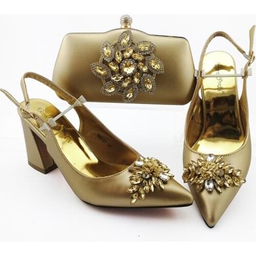 Italian Design Hot Selling Special Many shapes Crystal Decoration Style Gold Color Party Shoes and Bag Set