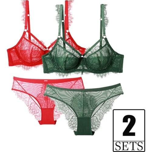 2 Piece Bras And Panty Sets For Women Floral Lace Transparent Underwear Plus Size Female Sexy Lingerie Set Black Green Red White