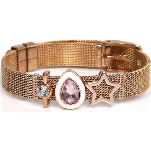 Fashion Stainless Steel Mesh Watch Belt Bracelets For Women Couple Original Pink Crystal Water Drops Star Charm Bracelet Bangle