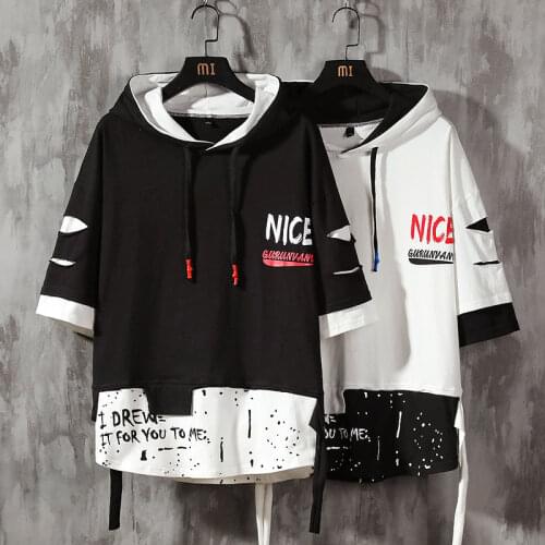 Men ribben hoodies Summer Male Fashion short sleeve hoodies Mens hoodies tshirt Color Splice hooded tshirt Street Style