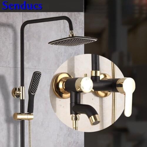 Senducs Black Gold Shower Set Newly Design Polished Bathroom Shower System with High Quality Rain Shower Brass Shower Set