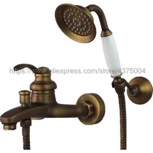 Wall Mounted Antique Brushed Brass Bath Faucets Bathroom Basin Mixer Tap Crane With Hand Shower Head Shower Faucet Sets Ntf034