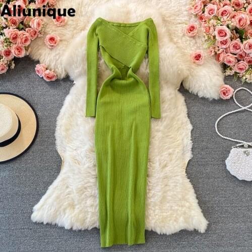 Aliunique New Trendy V-neck Slim Knitting Dress For Women 2021 Fashion Autumn Temperament Slim Lady Long Sleeve Knitting Dress