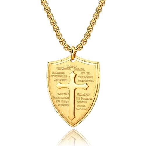Western Style New Arrival Cross Shield Religious Belief Periapt Pendant Necklaces For Men Stainless Steel 18K Golden Neck Chain